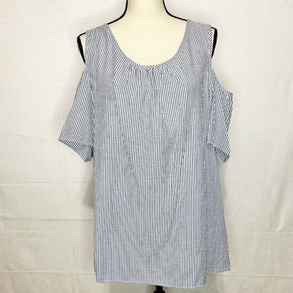 Vanilla Bay Blue White Striped Seersucker Cold-Shoulder Top Tunic Size L - Picture 1 of 7